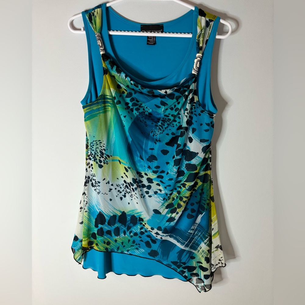 Cato Teal Blue Printed Sleeveless Layered Tank